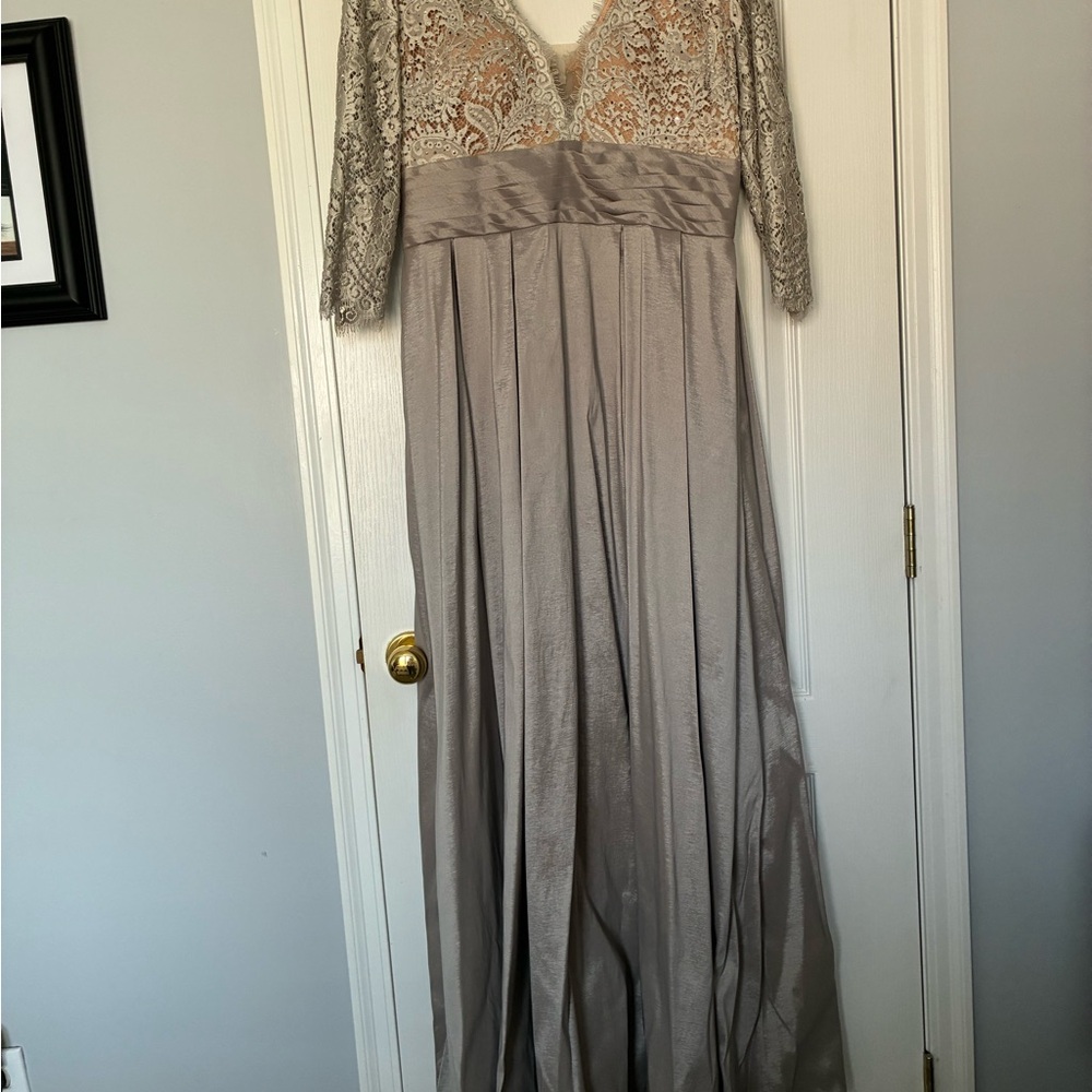 Jovani Long Sleeve Lace Gown in Silver